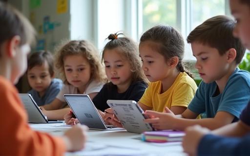 Students engaged with tablets in a modern classroom