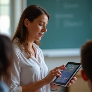 Teacher managing a digital classroom system on a tablet