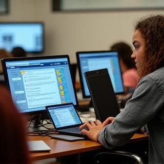 Students using an online integrated learning platform on computers